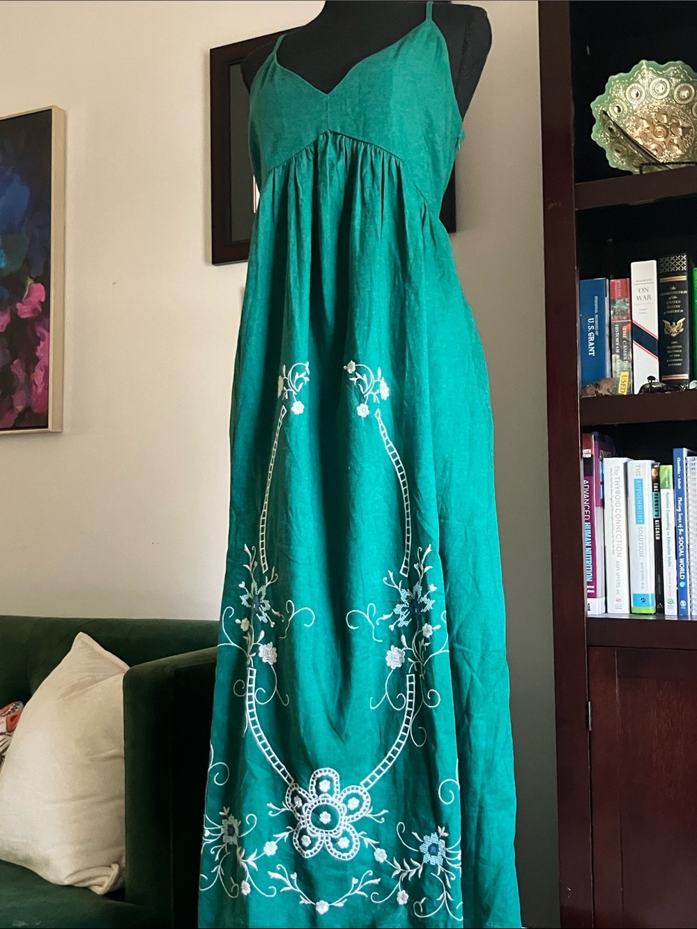 LOFT Teal Green Embroidered Maxi Dress